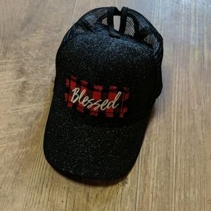 Blessed Glitter Buffalo Plaid Ponytail Hat